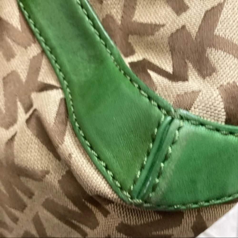 Michael Kors signature mk brown with green leather shoulder bag